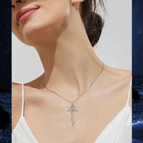 Sterling Silver 925 Hekate Wheel Triple Moon Goddess Necklace, Snake Key Witch Amulet