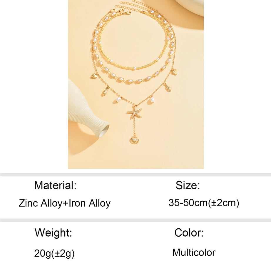 Cowrie Shell and Pearl Layered Boho Necklace Set (3 Pieces)