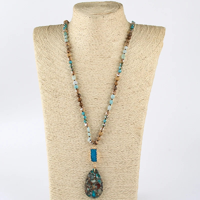 RH Fashion Bohemian Jewelry Natural Random Shape Stones With Druzy Links Semi Precious Pendant Necklaces For Women Boho Gift