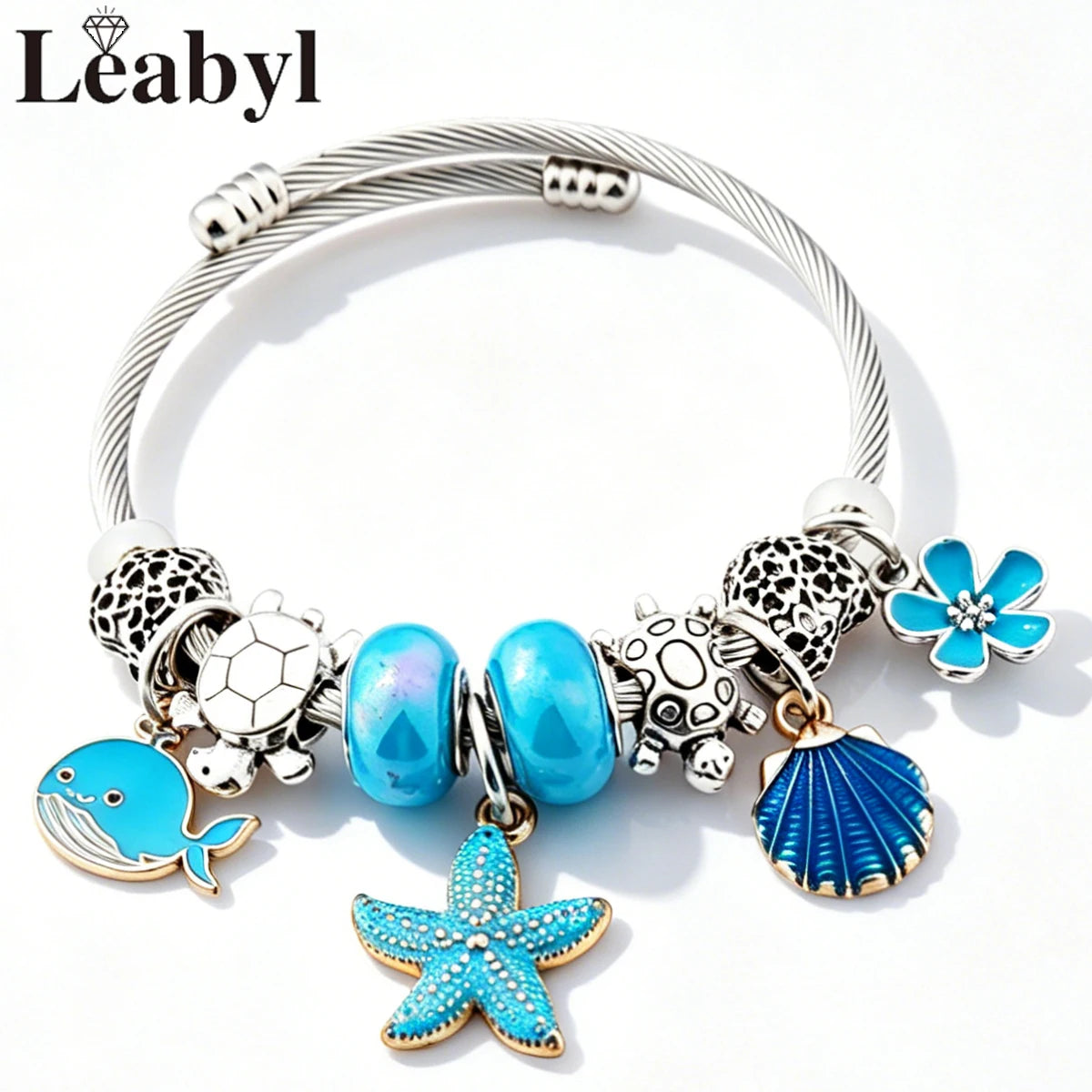Boho Blue Enamel Dolphin Starfish Shell Bead Pendant Bracelet Silver Color Marine Life DIY Charm Jewelry for Summer Holiday Gift