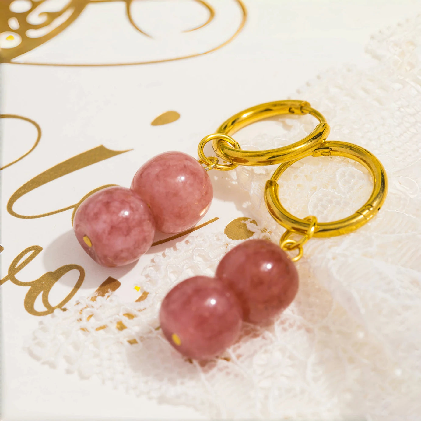 Natural Stone Charm Hoop Drop Earrings, Stainless Steel Trendy Boho Jewelry