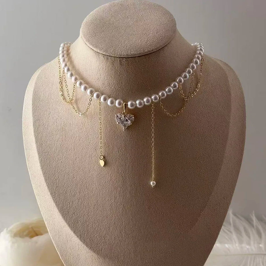 Transparent Crystal and Pearl Tassel Chain Pendant Necklace