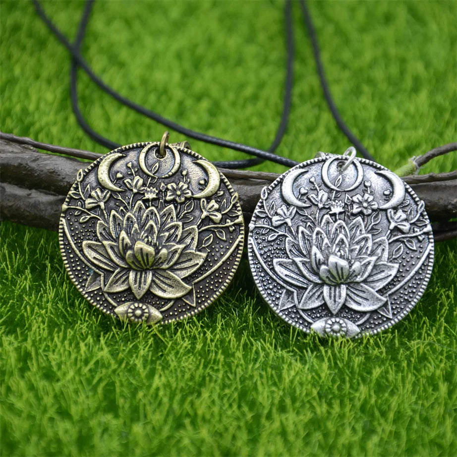 Wiccan Sun Moon Star Mandala Lotus Amulet Necklace, Sacred Witchy Talisman