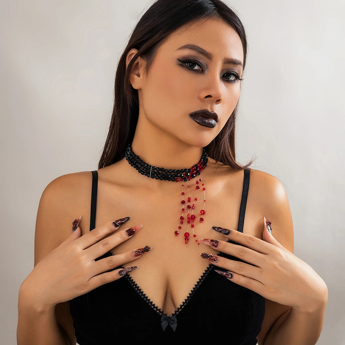 Salircon Gothic Multi layered Black Crystal Bead Choker Fashion Red Bead Tassel Pendant Necklace Women Halloween Cosplay Jewelry - Charlie Dolly
