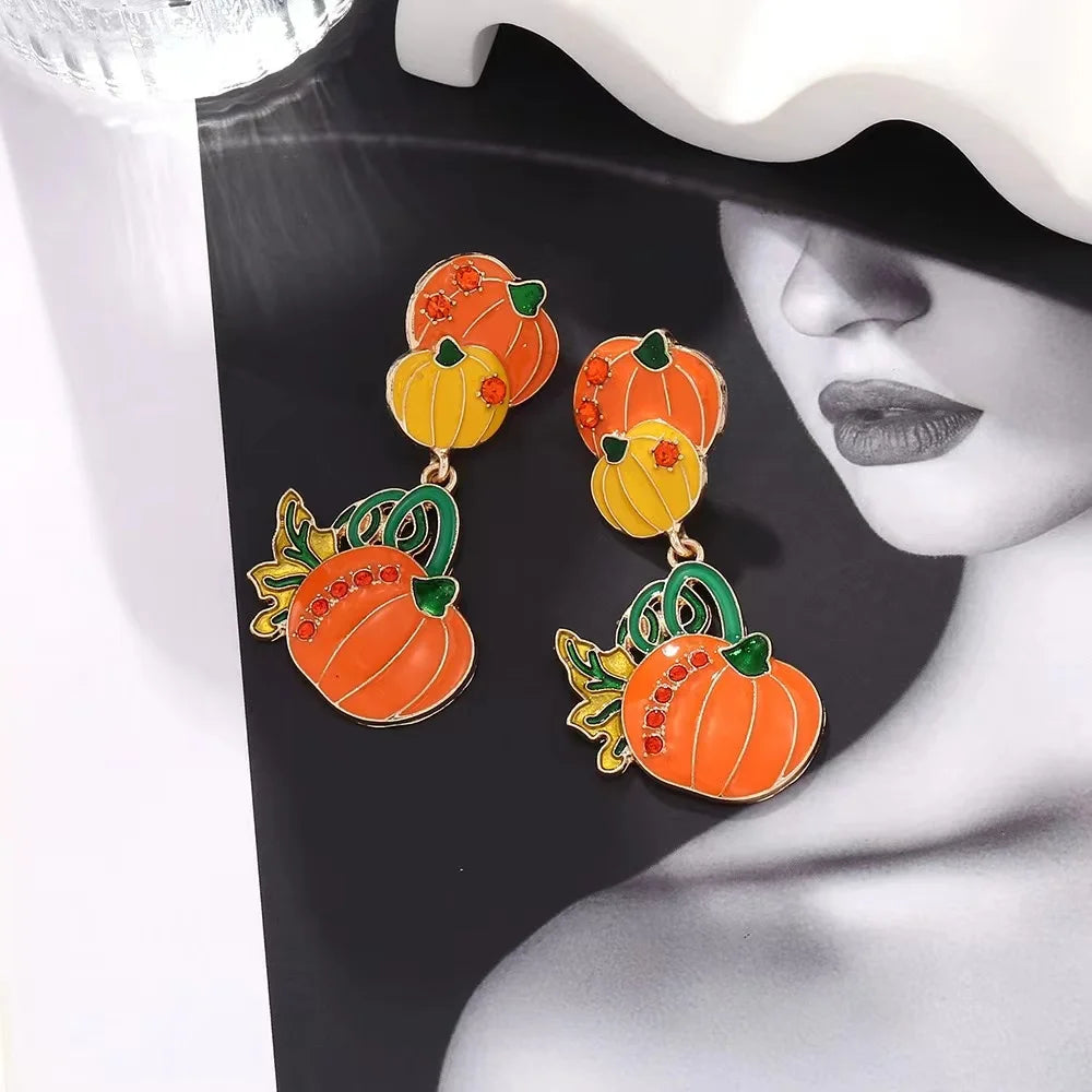 Exaggerated Colored Rhinestone Pumpkin Earrings Personality Creativity Retro Halloween Female Earrings - Charlie Dolly