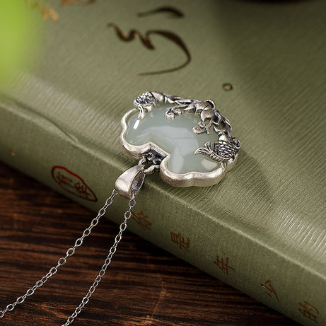 925 Silver Hotan Jade Lotus & Fish Ruyi Pendant, Boho Blessing Necklace