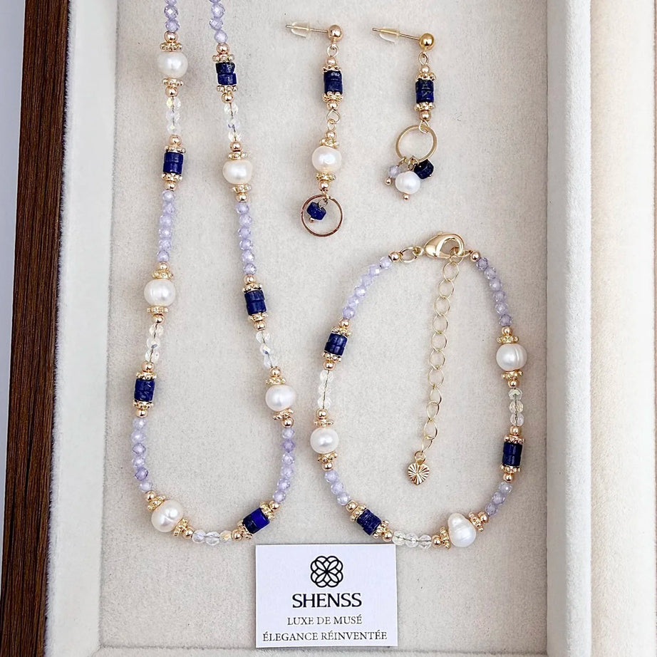 Lapis Lazuli Lavender Crystal Zircon & Freshwater Pearl Jewelry Set Necklace Bracelet Earrings 3 Piece Set Luxury High-End Style - Charlie Dolly