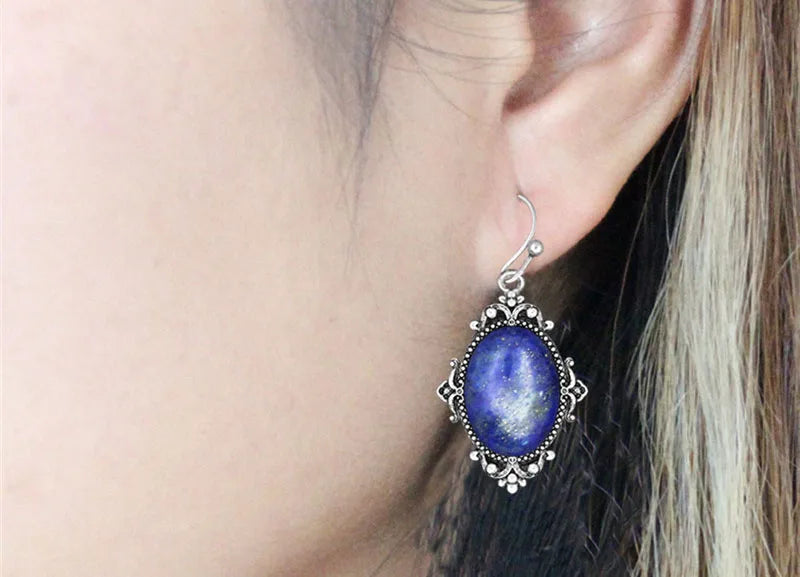 Vintage Look Natural Stone Lapis Lazuli Jewelry Sets Solid Silver Plated Necklace Earrings Flower Fashion Jewelry