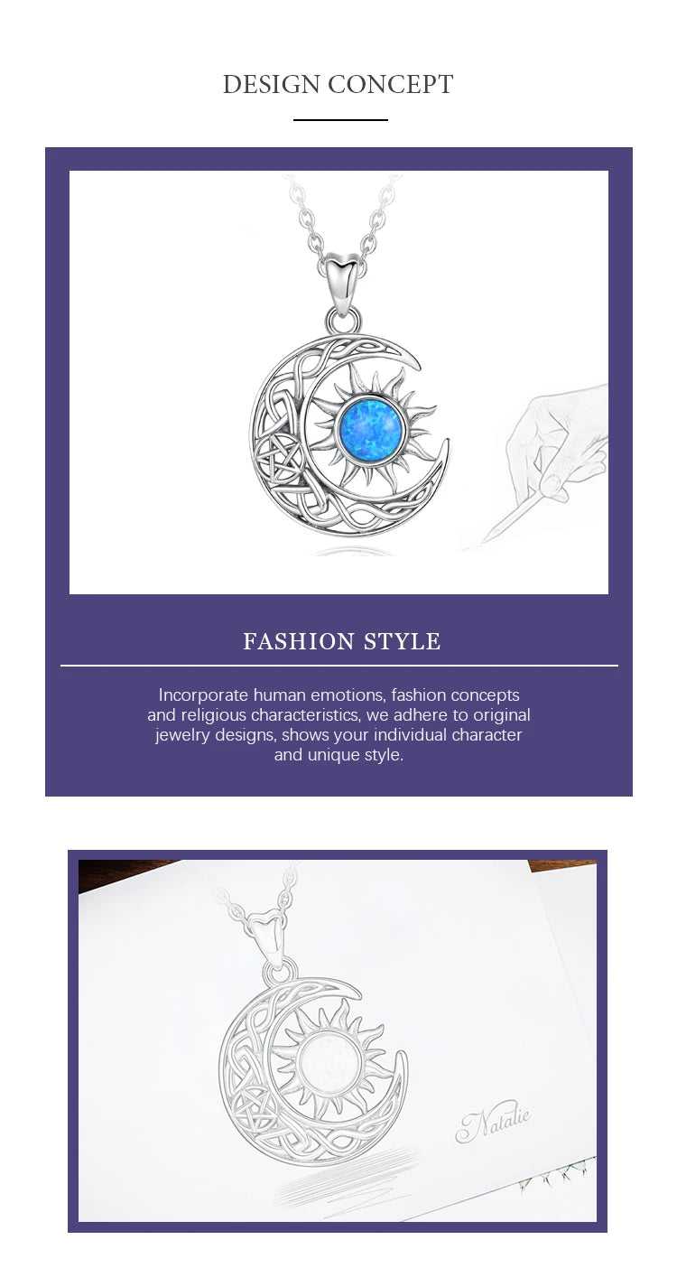 EUDORA 925 Sterling Silver Sun Moon Necklace for Women Man  Pentagram Viking Celtic knot Moon Pendant Fine Jewelry party Gift
