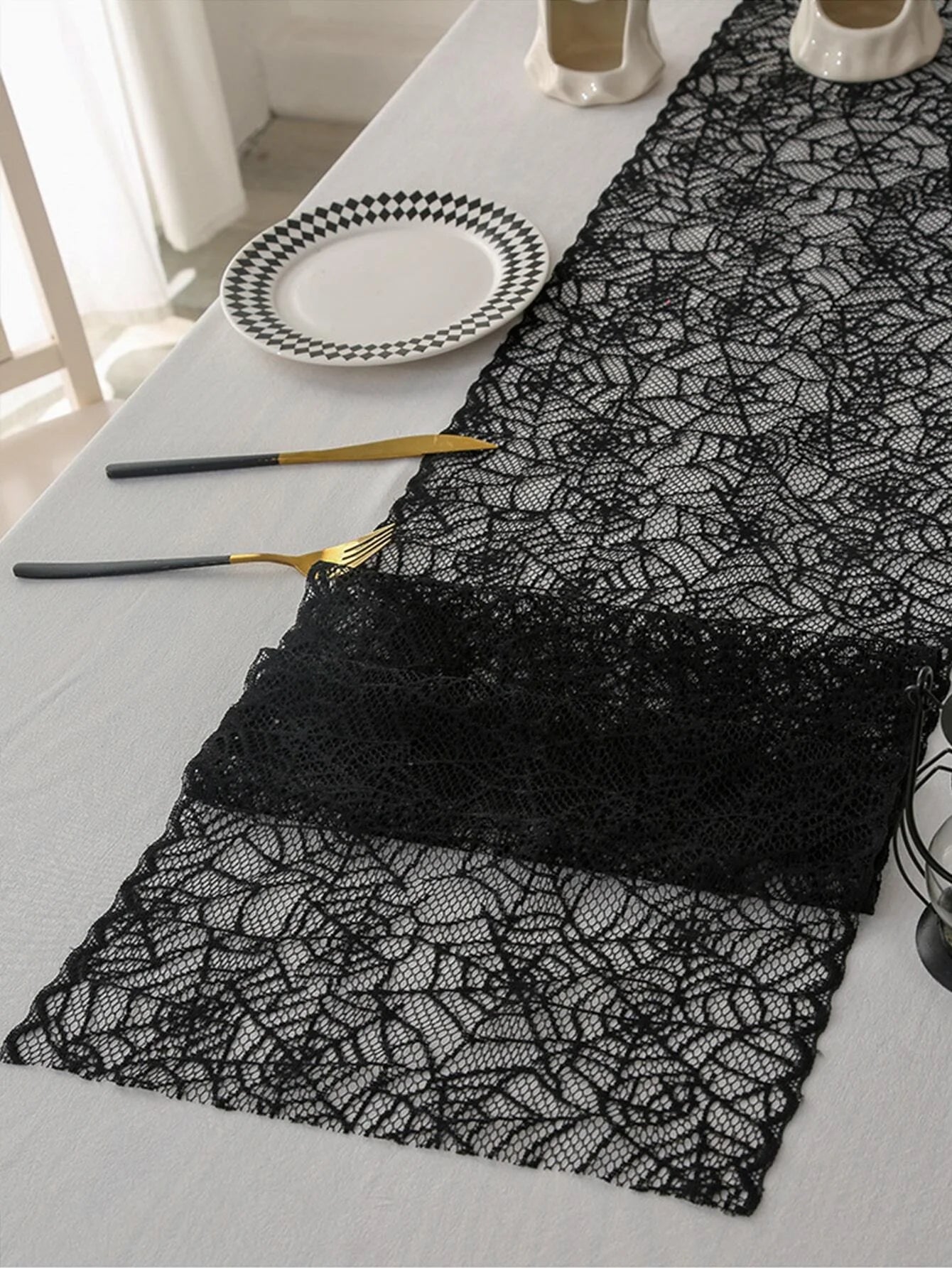 Halloween Placemat Black Lace Table Runner Cobweb Tablecloth Gothic Tabletop Decor Home Party Decorations Kitchen Dining Decor - Charlie Dolly