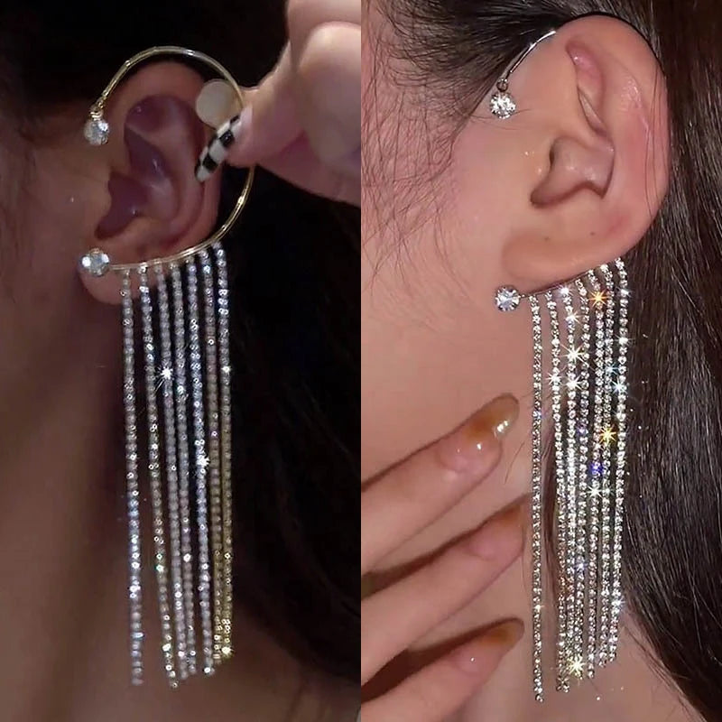 New Luxury Shining Zircon Rhinestone Long Tassel Ear Bone Clip Earring Ear Cuff Exquisite Earring Wedding Party Jewelry - Charlie Dolly