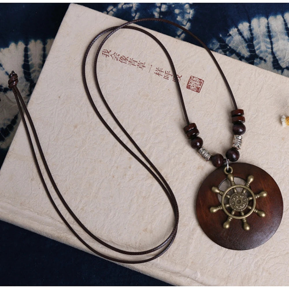 Wood Owl Leaf Pendant Wax Rope Necklace Jewelry