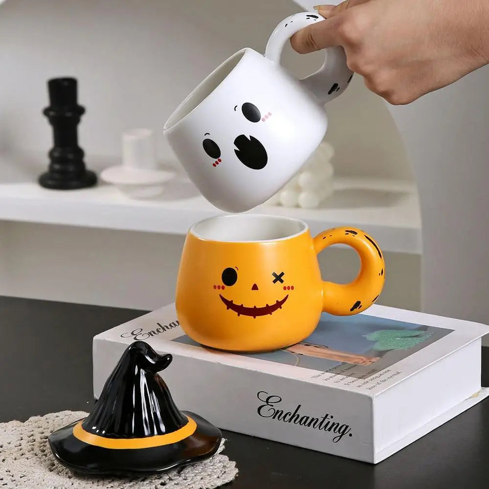 Halloween Ceramic Cup Ghost Mug Creative Cute Couple Mug Gift Afternoon Tea Breakfast Milk Cup Home Office Drinking cup With Lid - Charlie Dolly