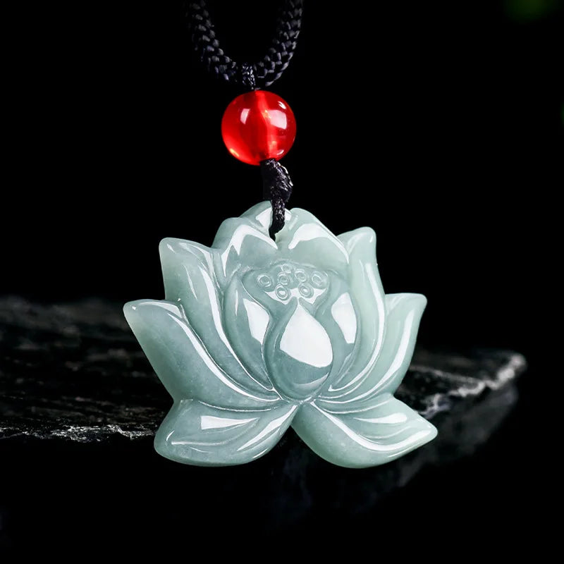 Myanmar Jadeite Lotus Pendant Necklace Fashion Accessories Talismans Natural Gemstone Burmese Jade Carved Amulet Luxury