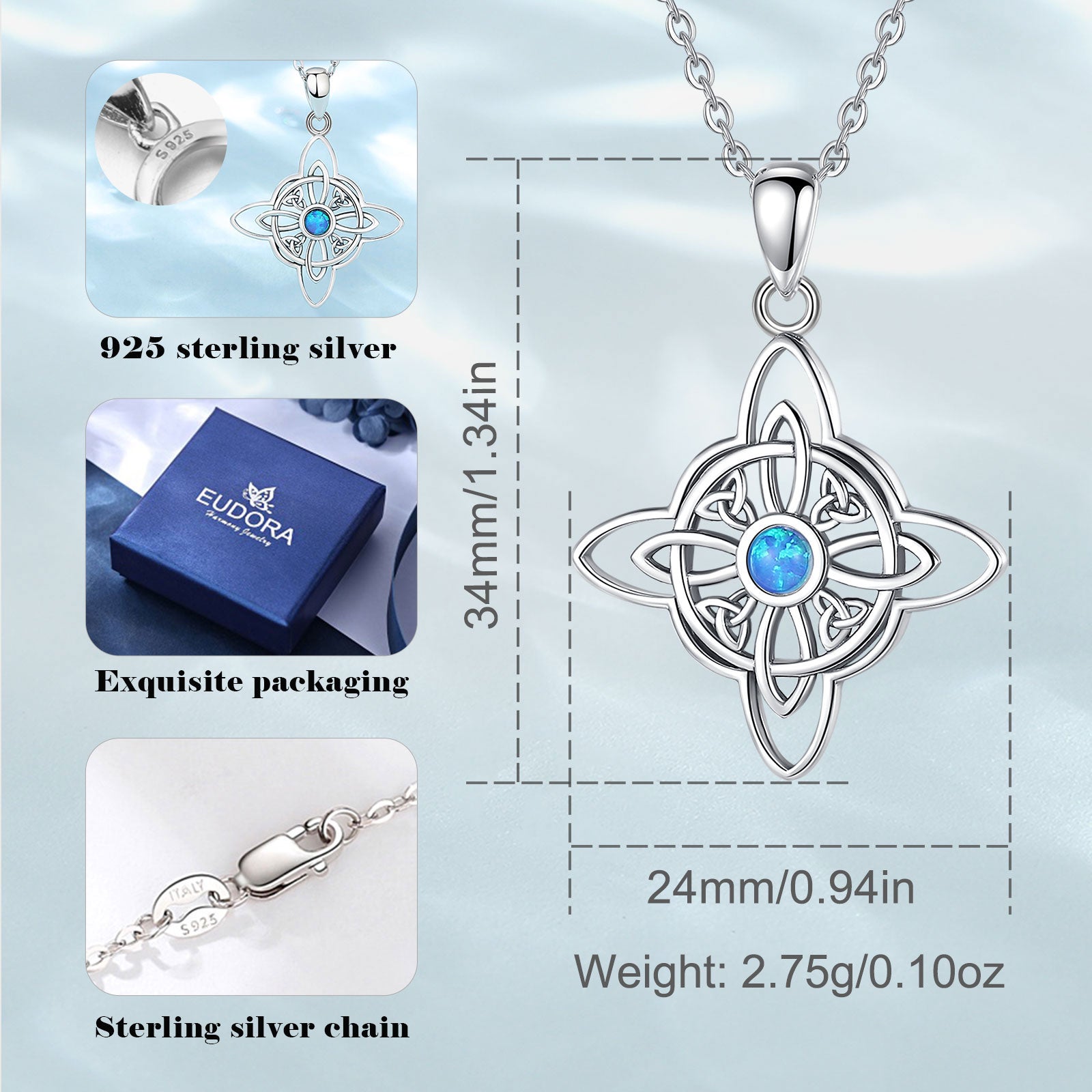 Eudora 925 Sterling Silver Witchcraft Celtic Knot Geometry Necklace Men Women Opal Wicca Amulet Necklaces Witch Jewelry Gift - Charlie Dolly