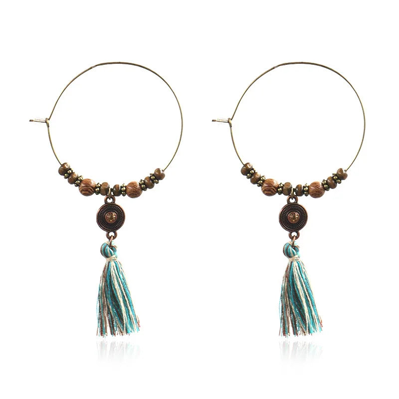 DOUVEI 2021 Ethnic Bohemia Women's Gypsy Big Bronze Wood Beads Round Drop Boho Earrings Vintage Style For Female HQE741