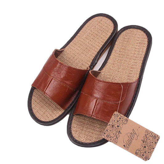 New 2022 Famous Brand Casual Men Sandals Summer Leather Linen Slippers Summer Shoes  Flip Flops Fast Shipping - Charlie Dolly