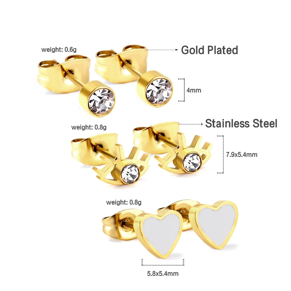 LUXUSTEEL 3Pairs Boho Colorful Round Evil Eyes Stud Earrings For Women Men Gold Plated Stainless Steel Turkish Ear Jewelry Set
