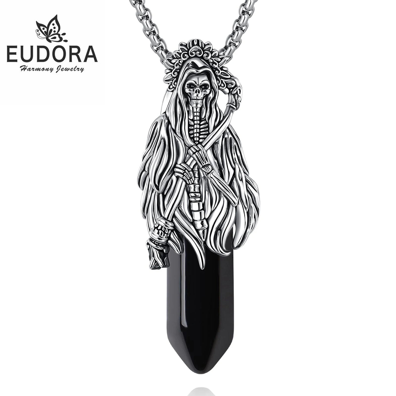 Natural Obsidian Santa Muerte Pendant Necklace, Holy Death Healing Crystal Devotional Amulet