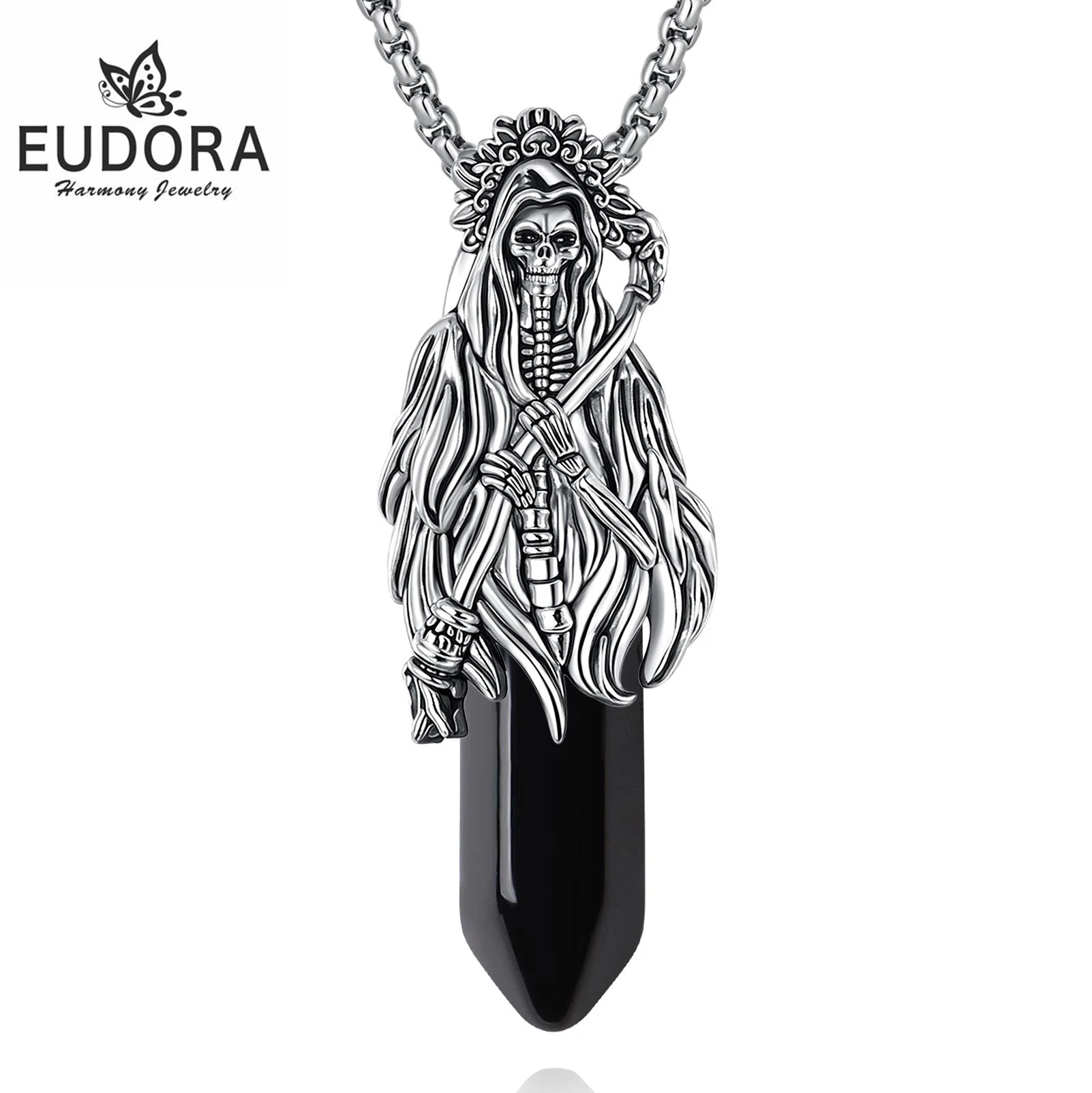 Eudora Obsidian Santa Muerte Necklace Holy Death Scythe Mexican Pendant Healing Crystal Stone Jewelry Spiritual Gift for Women