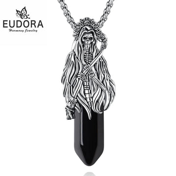 Eudora Obsidian Santa Muerte Necklace Holy Death Scythe Mexican Pendant Healing Crystal Stone Jewelry Spiritual Gift for Women