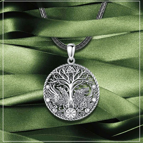 S925 Sterling Silver Viking Raven Wolf Pendant Necklace, Celtic Knot Tree of Life Compass Amulet