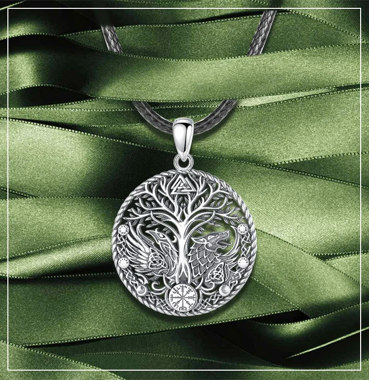 Eudora 925 Sterling Silver Viking Raven Wolf Necklace for Women Man Compass Tree of Life Amulet Pendant Personality Jewelry Gift