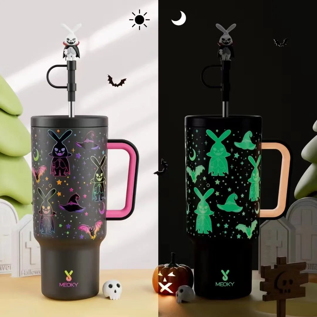 Meoky 40oz Tumbler Handle with Straw Cute Stopper Stainless Steel Insulation Coffee Cup Luminous Vacuum Car Mug Halloween Gifts - Charlie Dolly