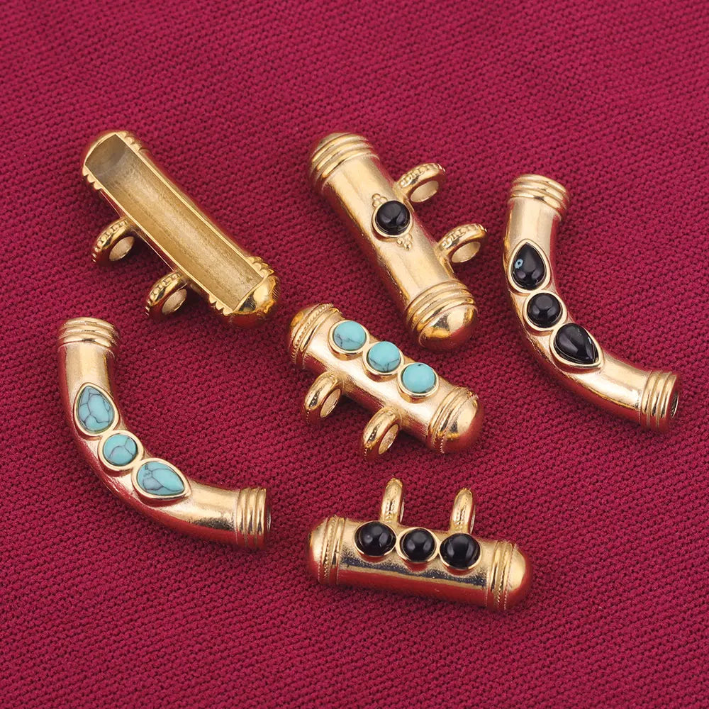 2pcs Stainless Steel Natural Stone Boho Plated Gold Tube Beads Charms Pendant DIY Bracelet Necklace Jewelry Making Metal - Charlie Dolly
