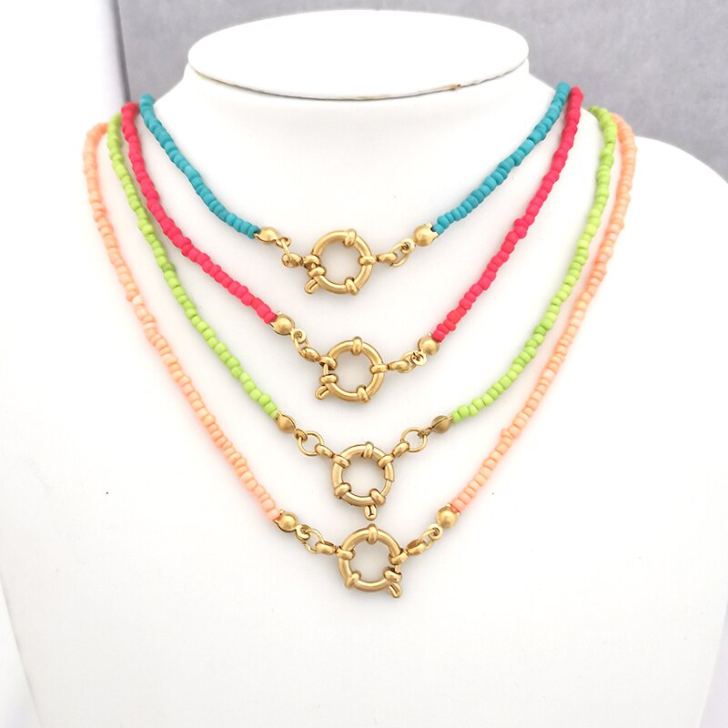 QMHJE Imitation Pearl Necklace Women Choker Seed Beads Rainbow Stainless Steel Clasp Sailor Buckle Base Chain Gold Color Boho - Charlie Dolly