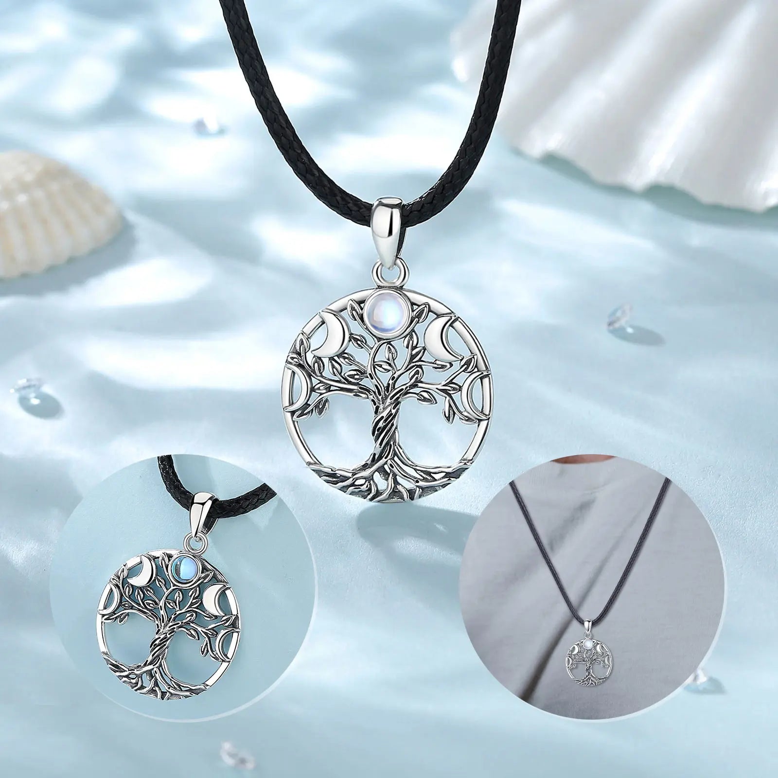 Eudora 925 Sterling Silver Tree of Life Necklace for Women Man Moon Phase Tree Triple Moon Goddess Pendant Wiccan Jewelry Gift