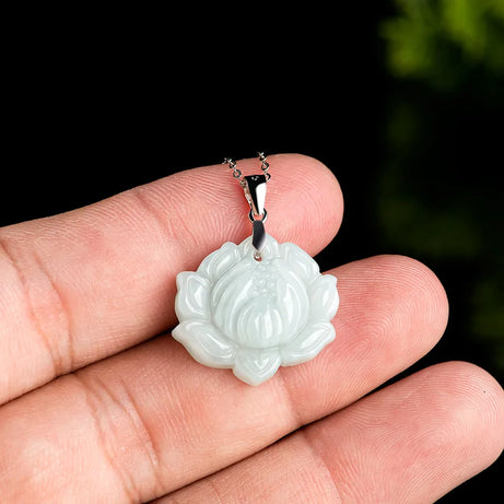 Myanmar Burmese Jadeite Lotus Boho Amulet Necklace, Real Jade Talisman