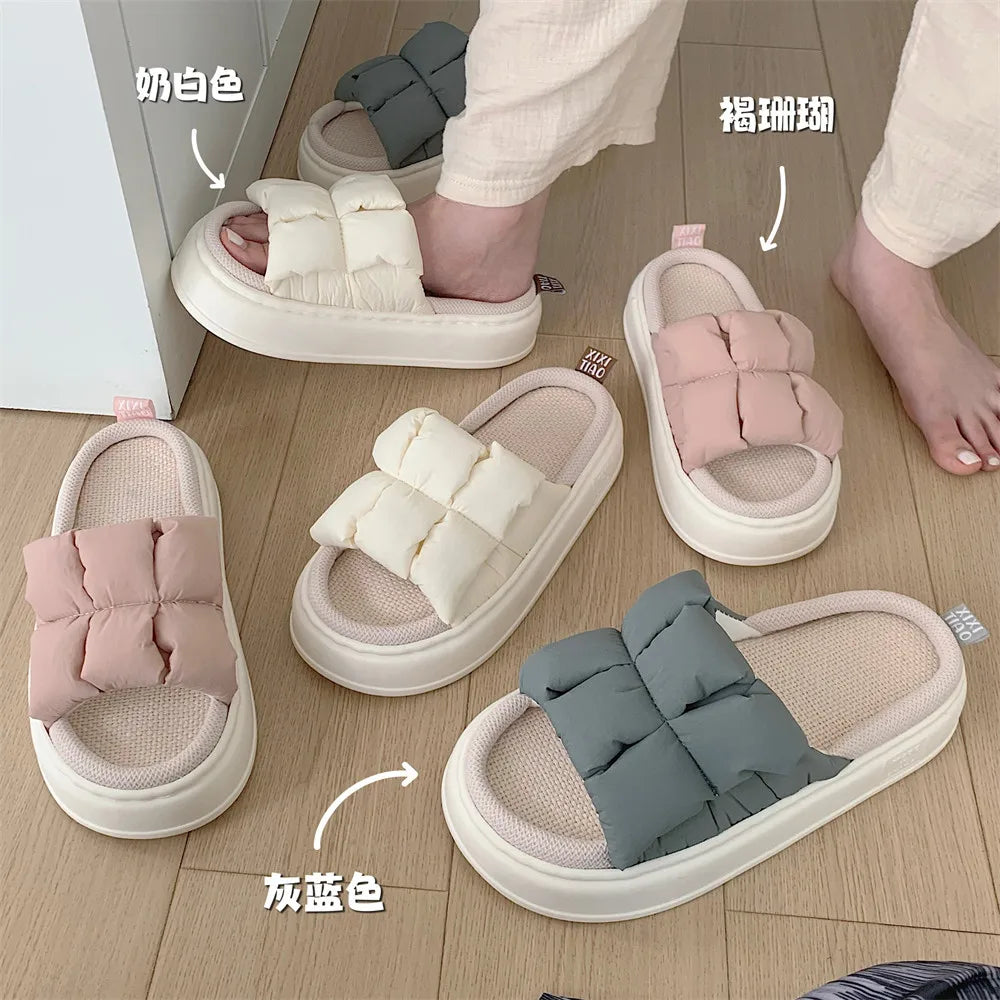 2023 New Women Slippers Summer Four Seasons Checked 4cm Thick Soft Sole Linen Slippers Indoor Home Bedroom Couple Floor Slippers - Charlie Dolly