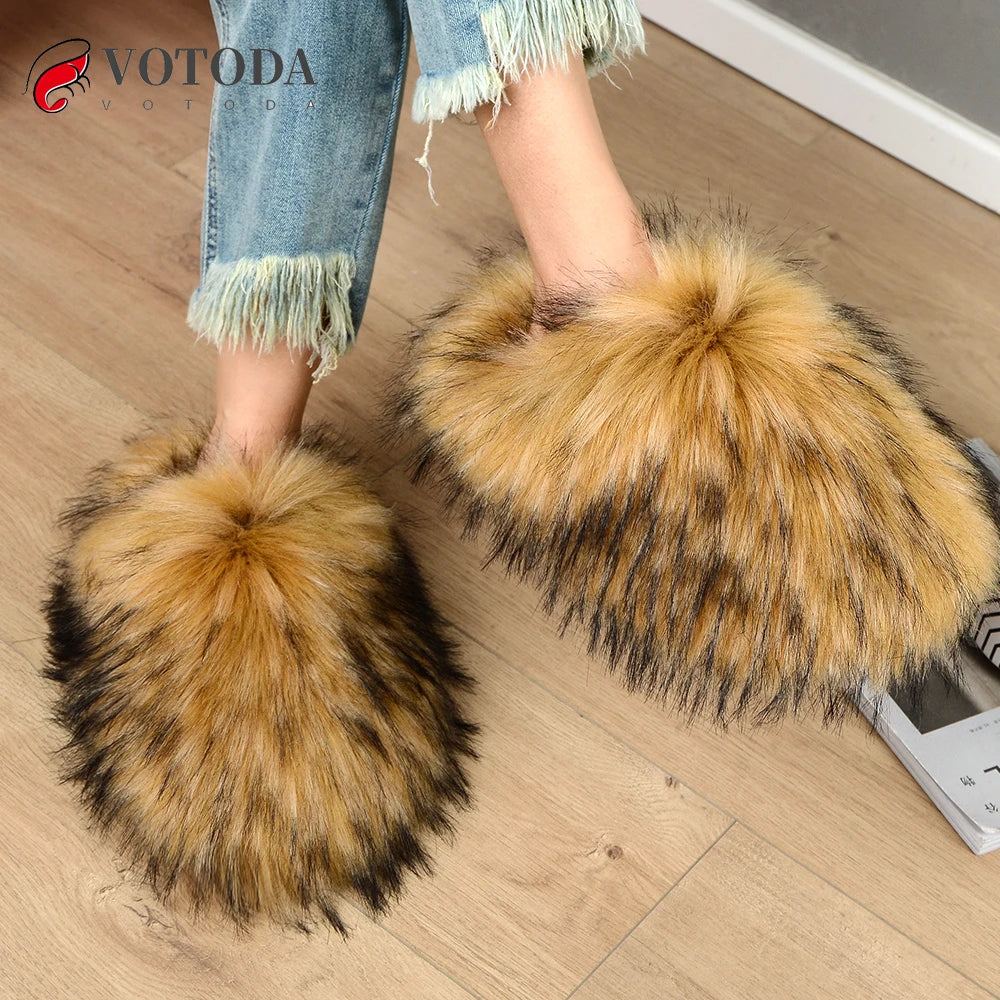 New Winter Women Fur Slippers Furry Raccoon Fox Fur Slides Faux Fur Plush Fuzzy Flip Flop Warm Fluffy Slipper Luxury Shoes Woman - Charlie Dolly