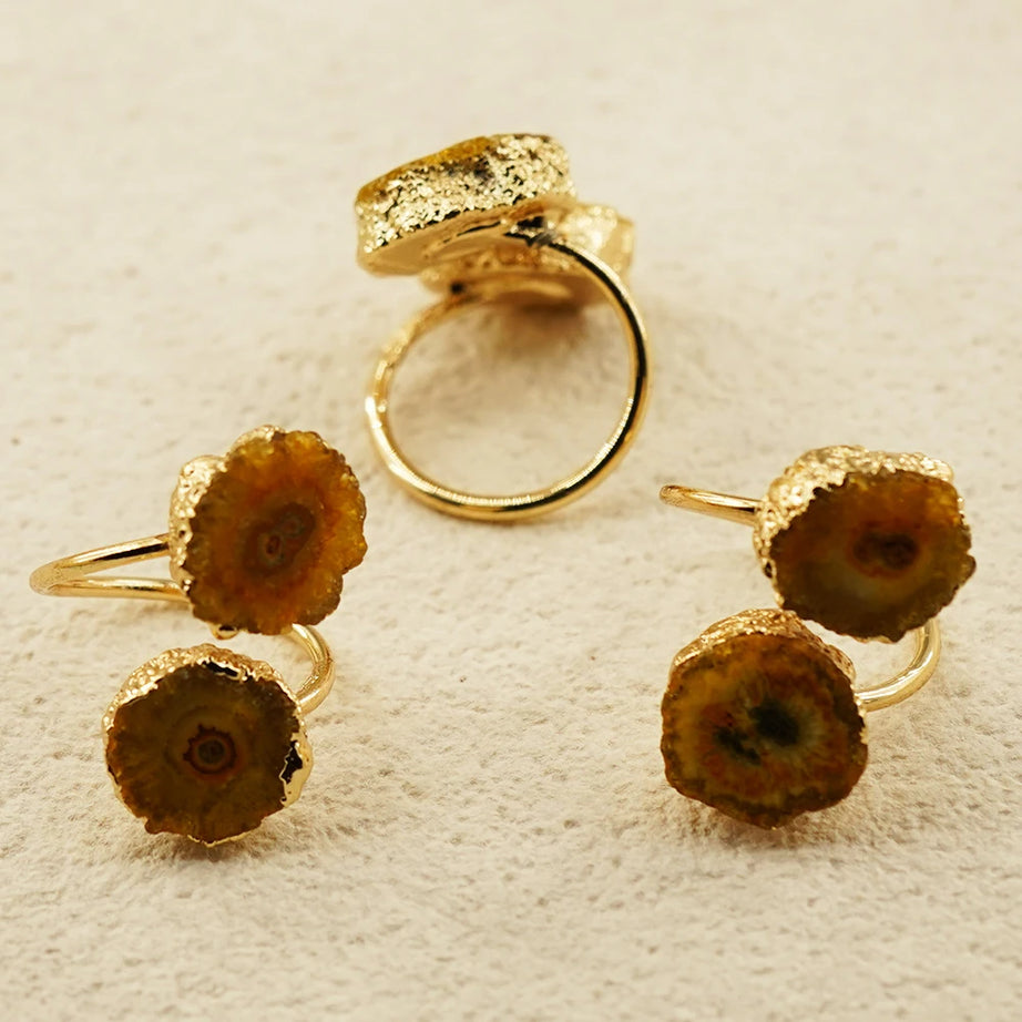 Irregular Agate Slices Open Cross Ring for Women Girls Boho Rough Natural Stone Sunflower Finger Jewelry Wedding Party Gift - Charlie Dolly