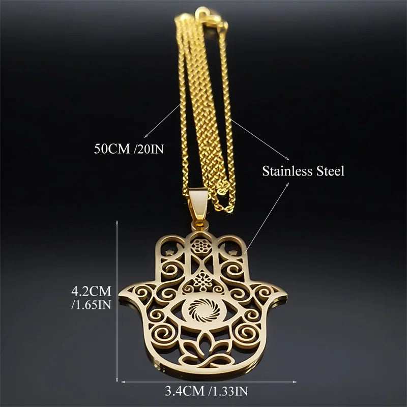 Hamsa Hand Muslims Judaism Hollow Necklace for Women Hand of Fatima Lotus Flower Stainless Steel Necklaces Jewelry Gift N8083S04