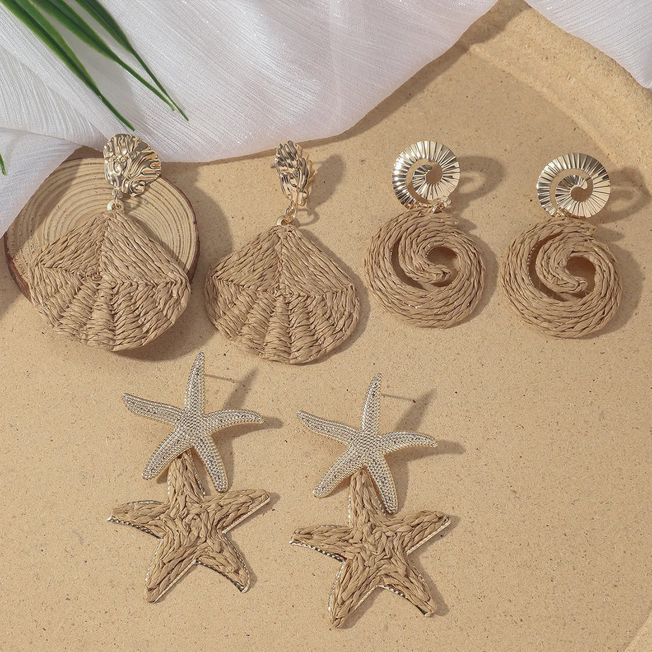 Ocean Rattan Raffia Shell and Starfish Drop Earrings