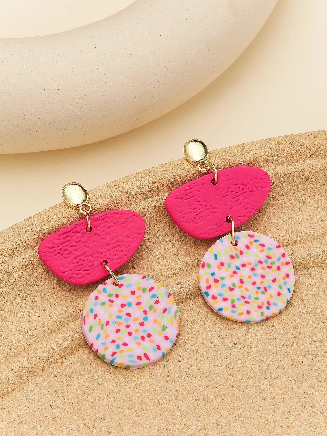 Women's Lightweight Boho Geometric Dangle Earrings with Confetti Arch Disc Polymer Clay Statement Jewelry for Work Party Travel