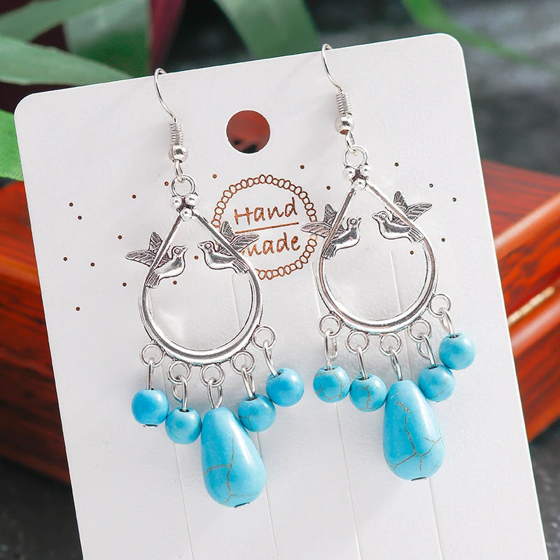 Boho Vintage Turquoise Water Drop Stud Earrings for Women Star Heart Flower Tribe Earring Statement Valentine Day Gift Jewelry