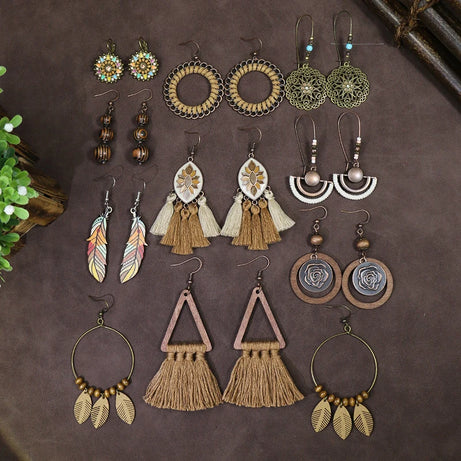 Wooden Bead Flower Leaf Long Tassel Earrings Jewelry
