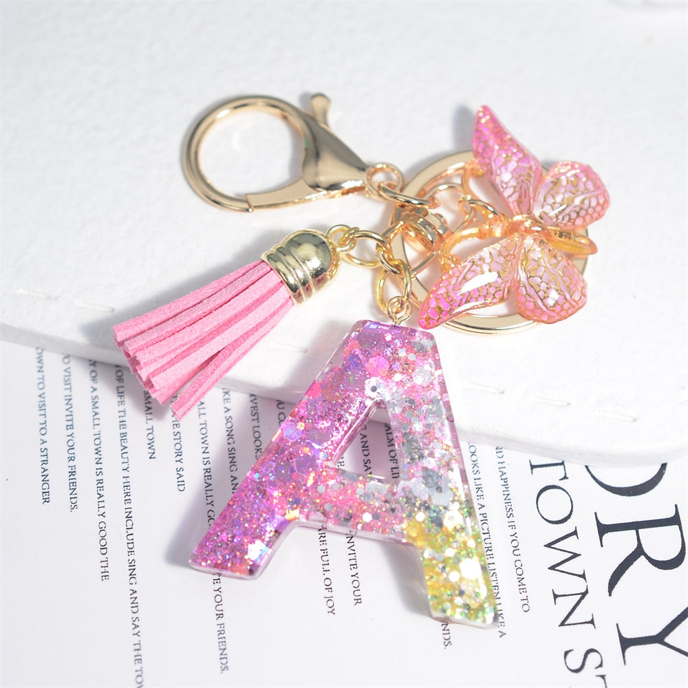 Cute Resin A-Z Initials Letter Keychain Pink Sparkle Butterfly Tassel Pendant Keyring for Women Girl Purse Handbags Jewelry Gift - Charlie Dolly