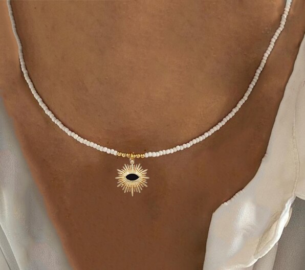 Fashion Classic White Rice Beads White Shell Stone Short Necklace Retro Charm Moon Eyes Pendant Jewelry Christmas Halloween Gift - Charlie Dolly