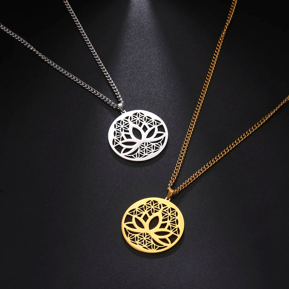 Lotus Flower of Life Pendant Necklace, Stainless Steel Buddhist Yoga Meditation Amulet