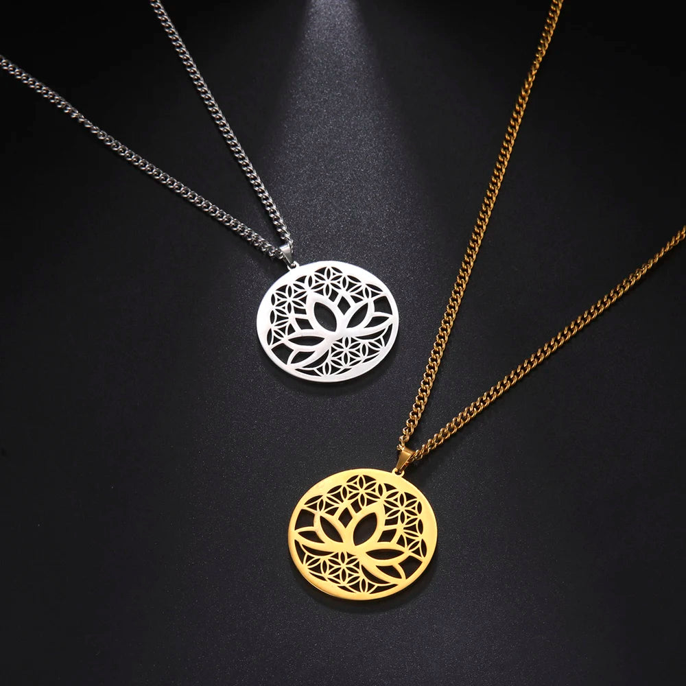 Dawapara Lotus Flower of Life Necklace Stainless Steel Women Jewelry Buddhism Peace Symbol Yoga Meditation Amulet Pendant