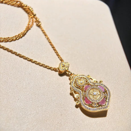 Vintage Ruyi Gourd Lotus Pendant, Chinese Court-Style Blessing Necklace
