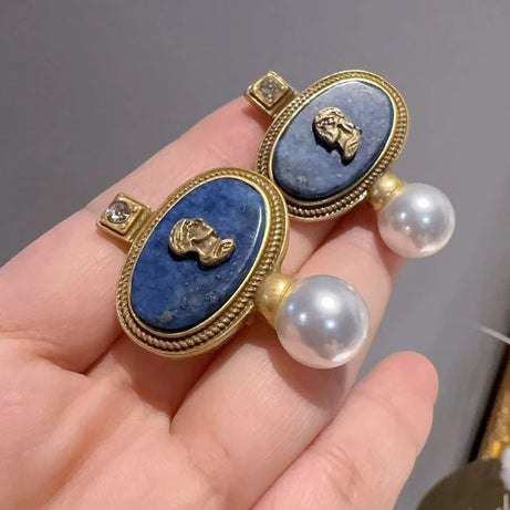 Vintage Lapis Lazuli Head Oval Stud Earring For Woman Accessories Pearl Gold Color Luxury Jewelry Designers Brand Thanksgiving - Charlie Dolly