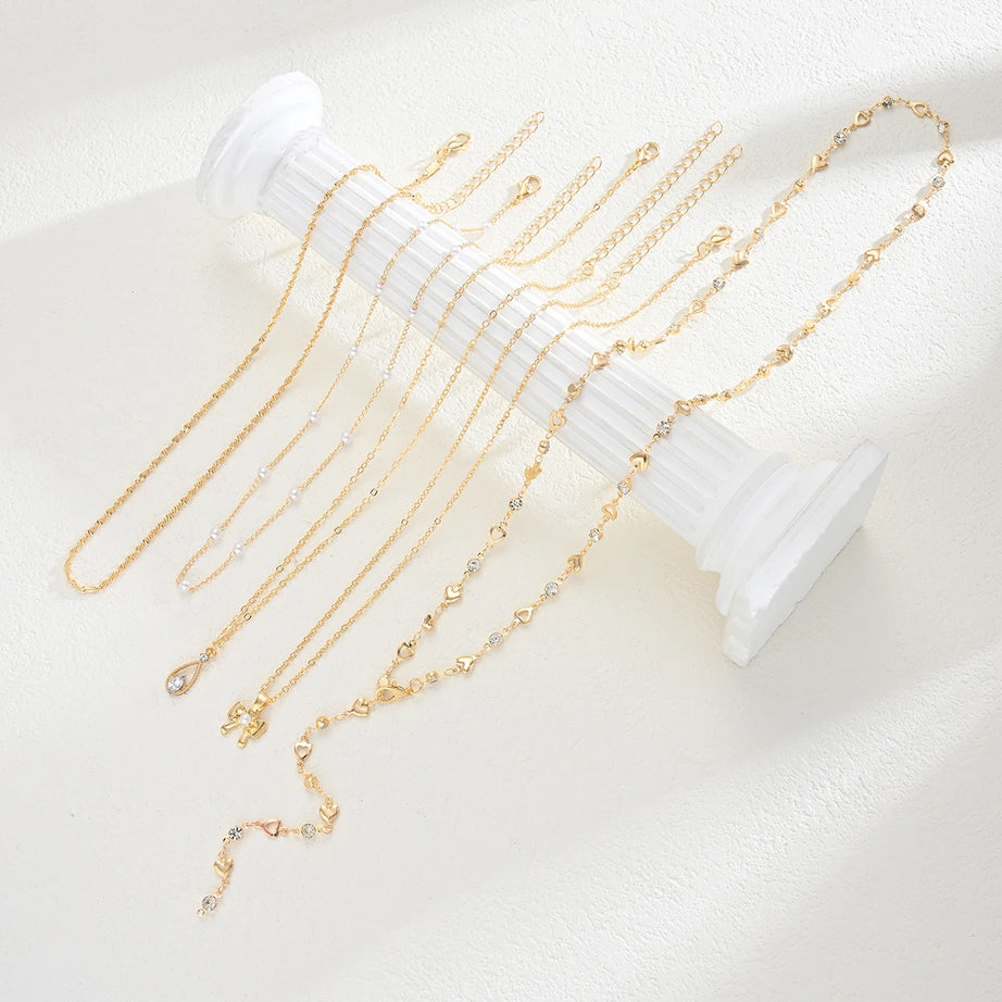 Zircon Pearl Bow Heart Layered Necklace Set Jewelry