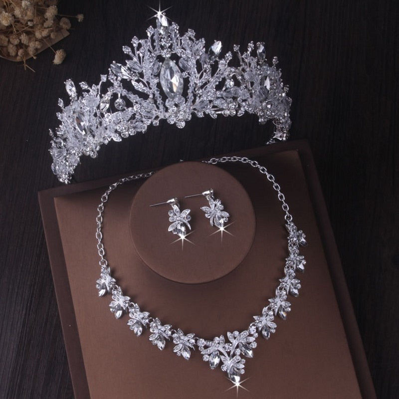 Gorgeous Silver Color Crystal Bridal Jewelry Sets Fashion Tiaras Crown Earrings Choker Necklace Women Wedding Dress Jewelry Set - Charlie Dolly