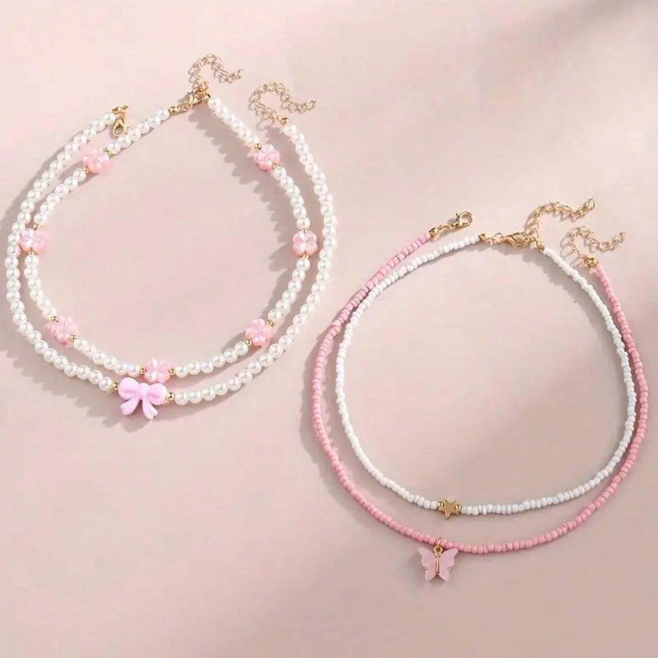 Butterfly, Heart and Flower Pearl Kids Friendship Necklace Set (4 Pieces)