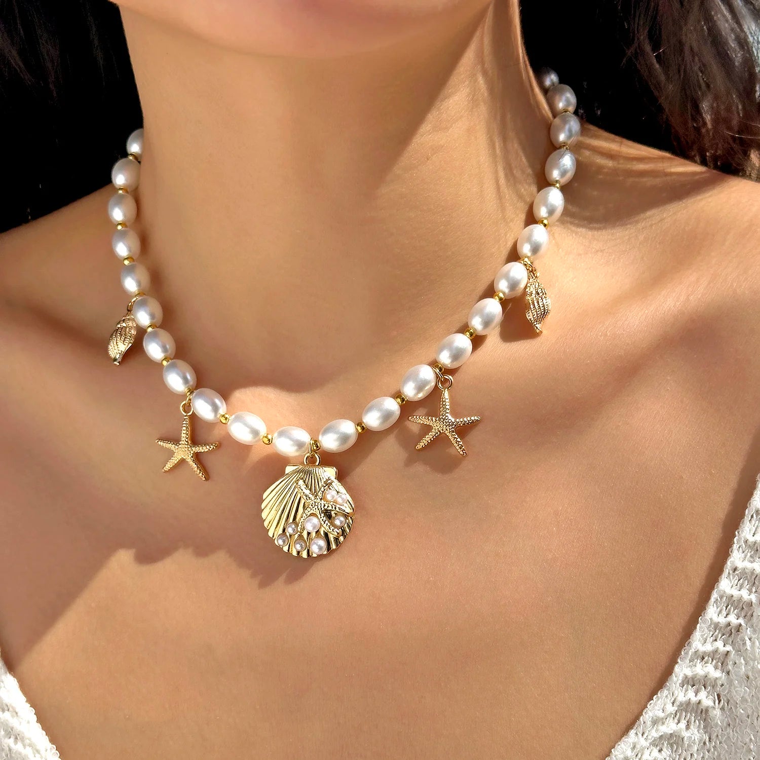Boho Metal Shell Starfish Pendant Imitation Pearl Necklace for Women Heart Bowknot Double Layer Choker Chain Beach Jewelry Gift
